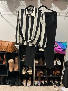 Rachel Black Dress Pants with Black & White Vertical Stripe Shirt